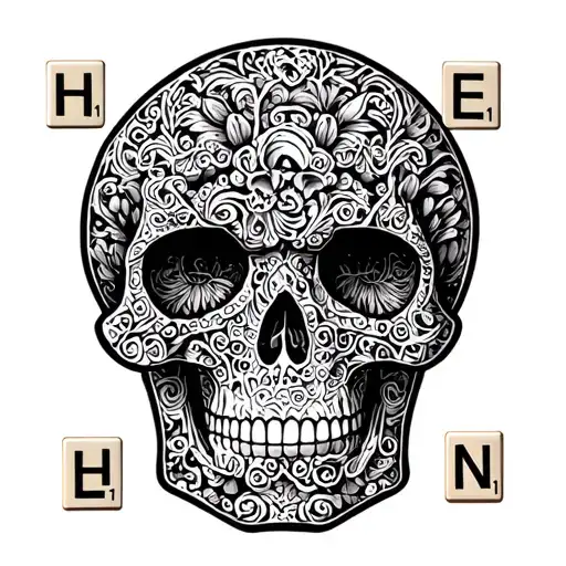 "Helen" Scrabble Tile patterned skull outline tattoo design idea