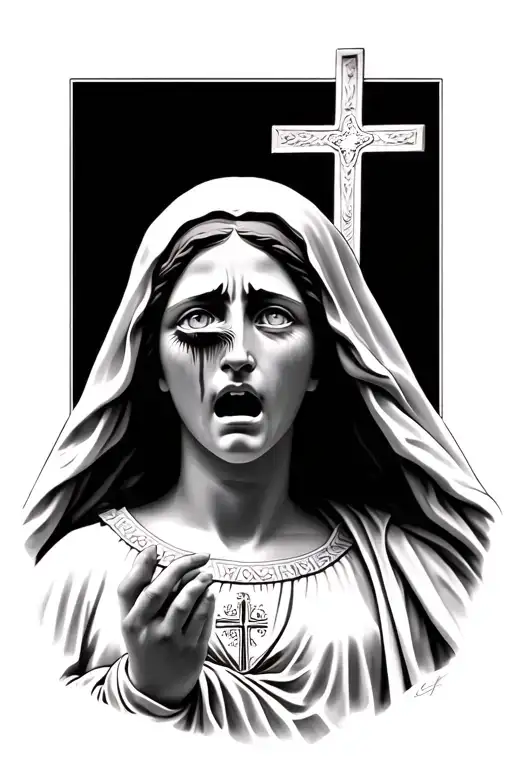 virgin marry looking up, holding a cross, crying out of one eye tattoo design idea