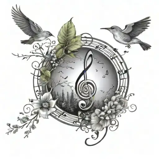 A serene landscape with birds flying overhead, incorporating musical notes and fashion elements, reflecting a love for nature and music tattoo design idea