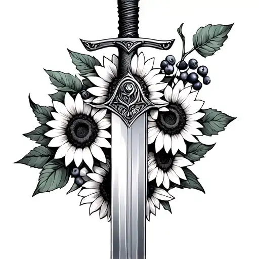 a sword surrounded by sunflowers and huckleberries  tattoo design idea