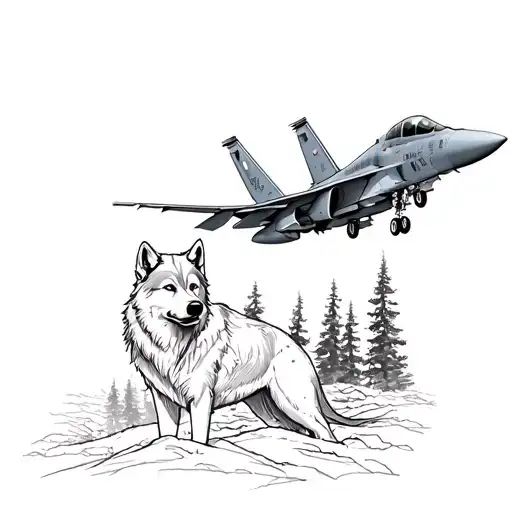 grey wolf surrounded by woods and a ea-18 growler jet tattoo design idea