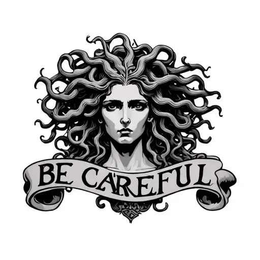 medusa greek mythology with the word be careful tattoo design idea