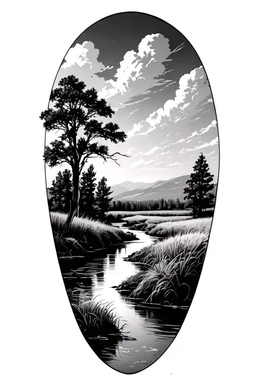 realism prairie landscape with a flowing river tattoo design idea