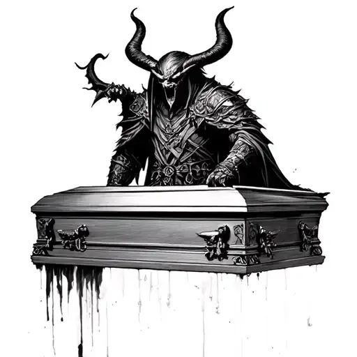 "The day the devil was buried " "The day the devil was buried " "The day the devil was buried " demon warrior above devil casket tattoo design idea
