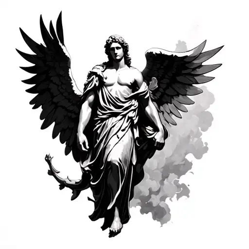 Vertical forearm tattoo design in black and gray realism. In the background a  calm archangel shown as a solemn guardian tattoo design idea