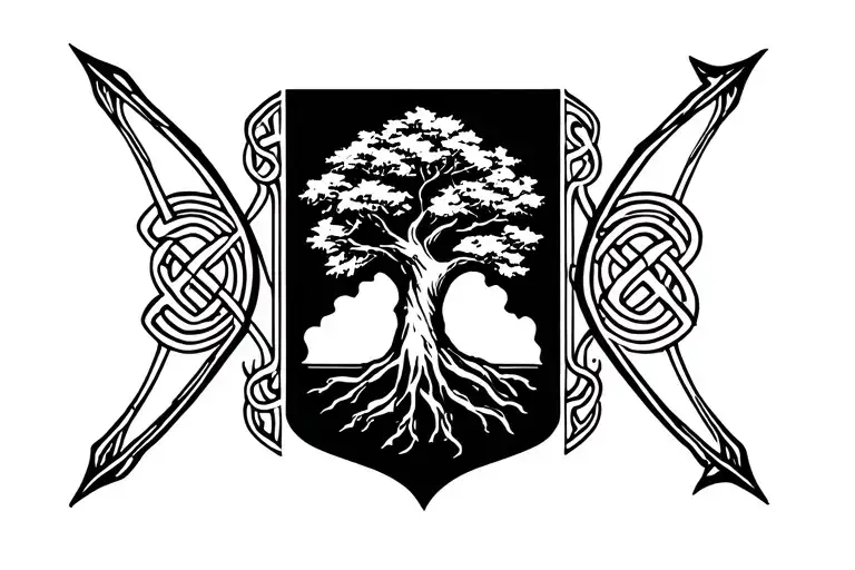 “A minimalist heraldic design with a stylized oak tree, longbow and a single arrow and Celtic border.” tattoo design idea