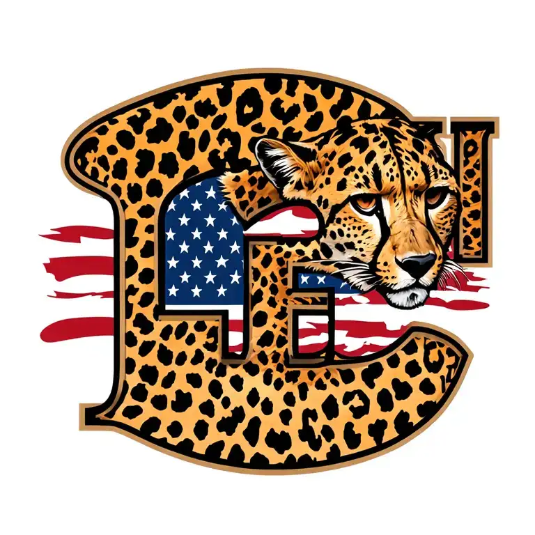 CHEETAH” in block letters with cheetah print inside with the middle letter “e” containing the American flag tattoo design idea