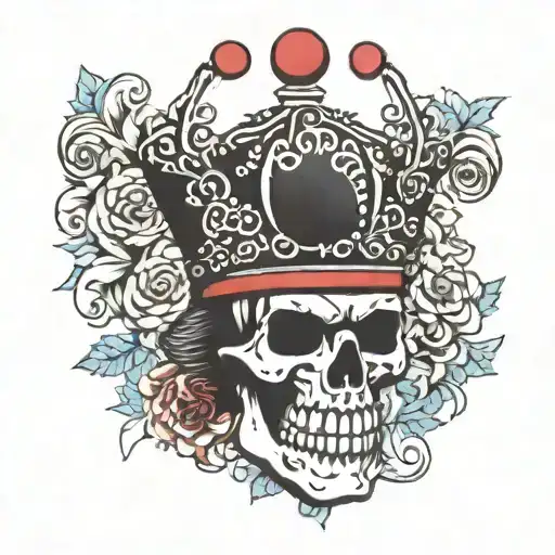 .A skull with a crown in the form of a clown on a white background.Below are the signs of the booby card. Black and red  tattoo design idea
