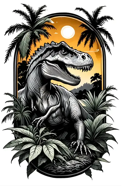 jurassic park style tattoo with a few plants and palms, a T-rex and the sky encased in amber, longer for the forearm tattoo design idea