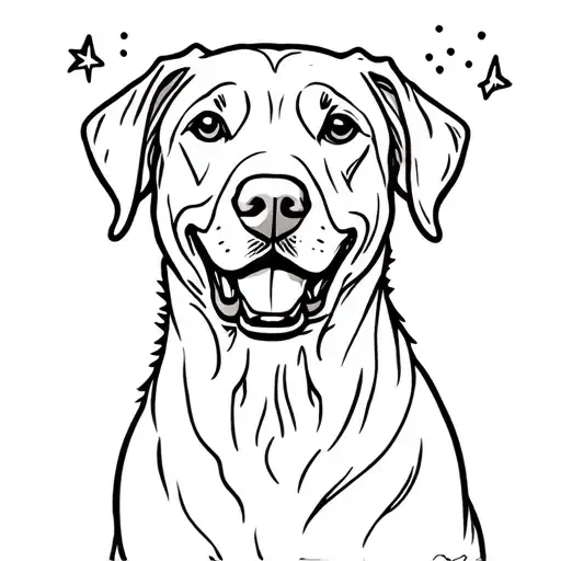 male labrador "smiling"  bust tattoo, fine line, around the lab whimsical dots and little stars, incorporate the letter  tattoo design idea