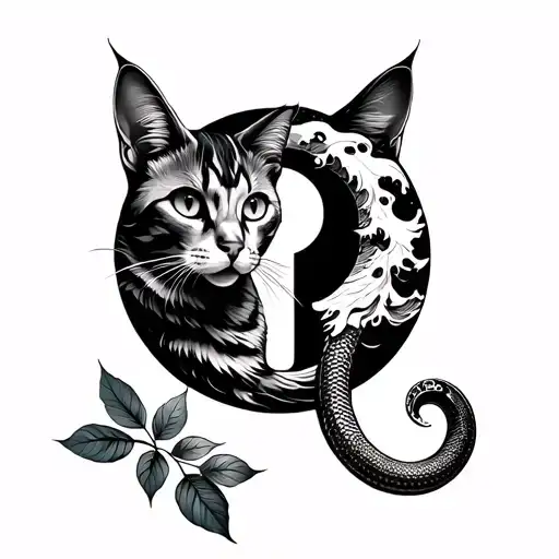 Japanese waves in the background,cat,phoenix feather blending with leaves,crescent moon,snake shredding skin,keyhole tattoo design idea