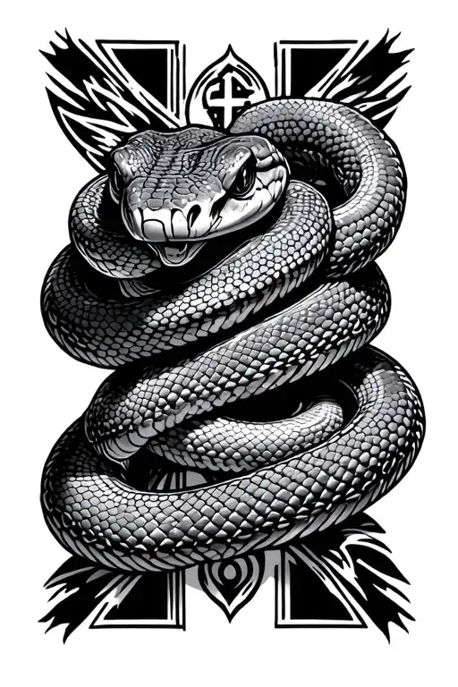 a hognose snake wrapped around a baptist crosss tattoo design idea