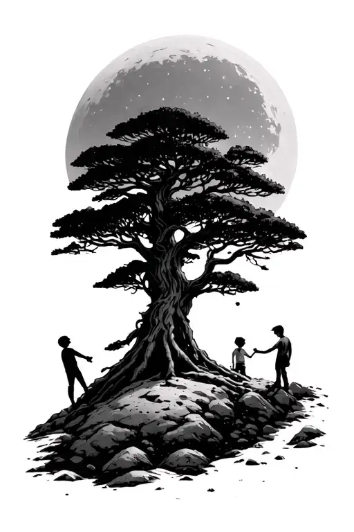tree on small asteroid in space with small boy touching its trunk and a giant sun in background  tattoo design idea