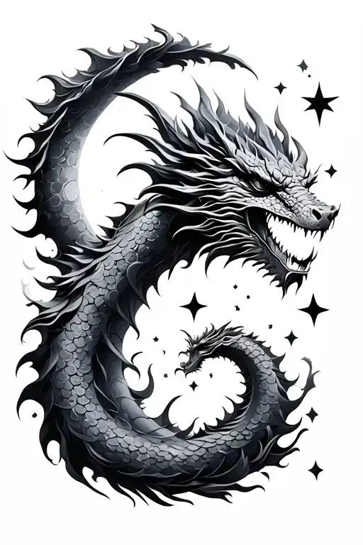 dragon, moon, sun, stars back tattoo tattoo design idea