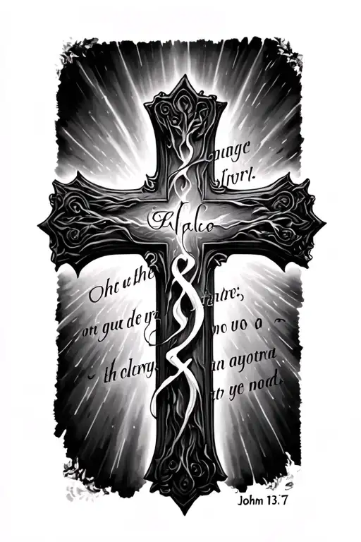 cross fading into the Bible verse John 13:7 verse tattoo tattoo design idea