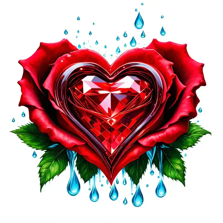 1 red heart-shaped diamond in center, red rose, ovaries fallopian tubes uterus vagina, blue rain drops tattoo design idea