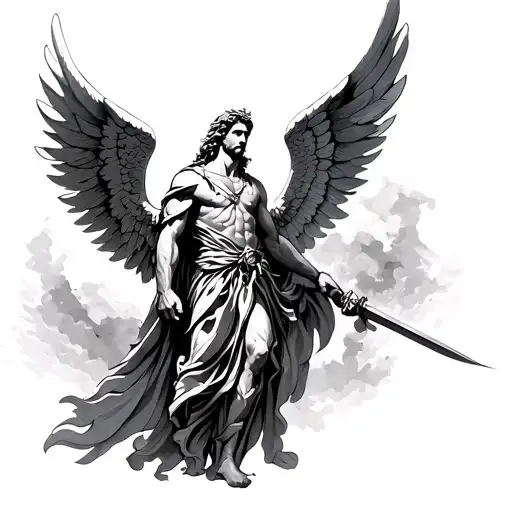 Archangel Michael goes like a warrior with wings tattoo design idea