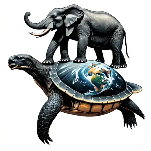 a flat earth balance on the back of 4 elephants standing on a giant turtle flying through space tattoo design idea