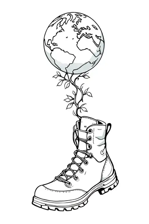 hiking boot with globe sticking out of the top. the globe is connected to the boot with a tree/vines.  tattoo design idea