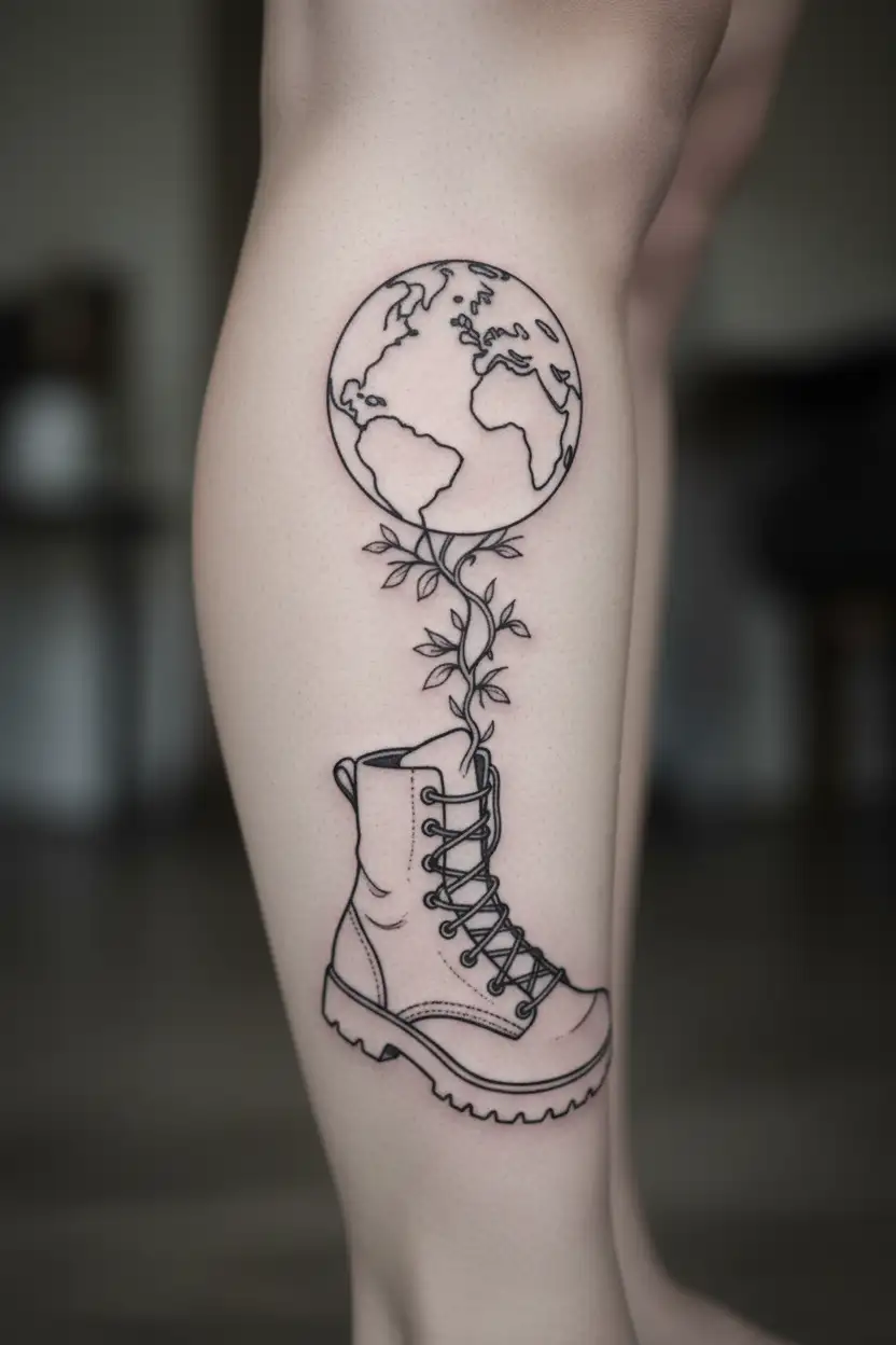 hiking boot with globe sticking out of the top. the globe is connected to the boot with a tree/vines.  tattoo design idea