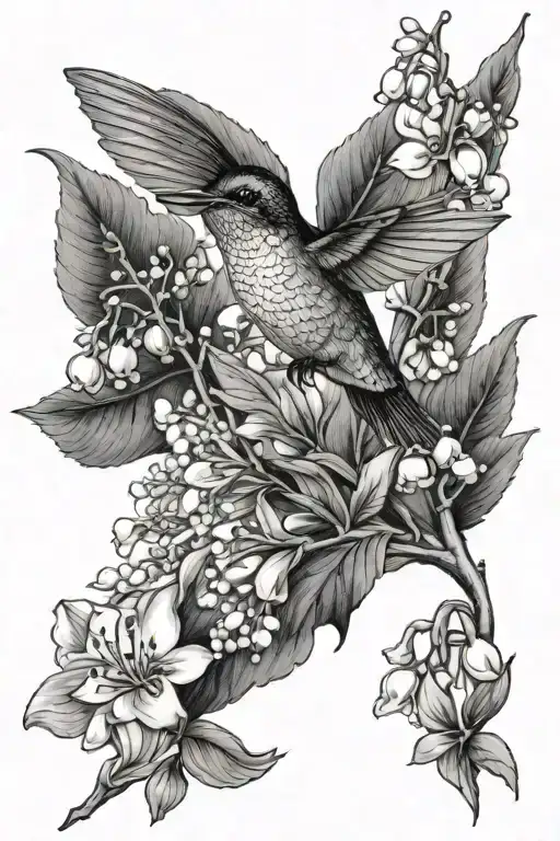 lily of the valley and hawthorn flowers hummingbird  tattoo design idea