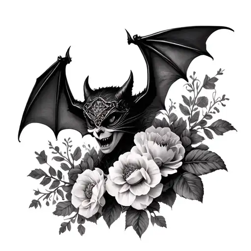goth vampire bat with lace and flowers blooming tattoo design idea