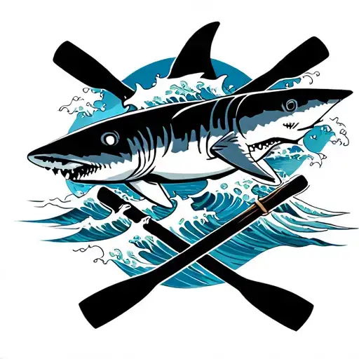 shark in front of crossed rowing oars with waves flowing, and rum ham on the waves tattoo design idea