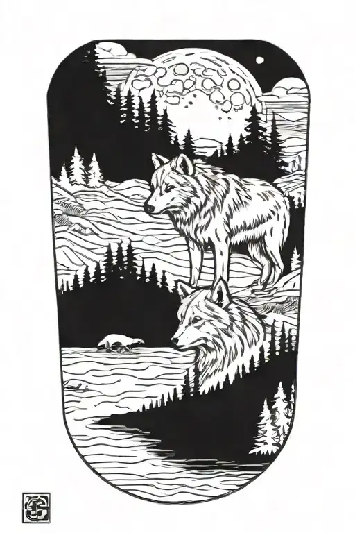 wolf cub, river, moon, adult wolf transition tattoo design idea