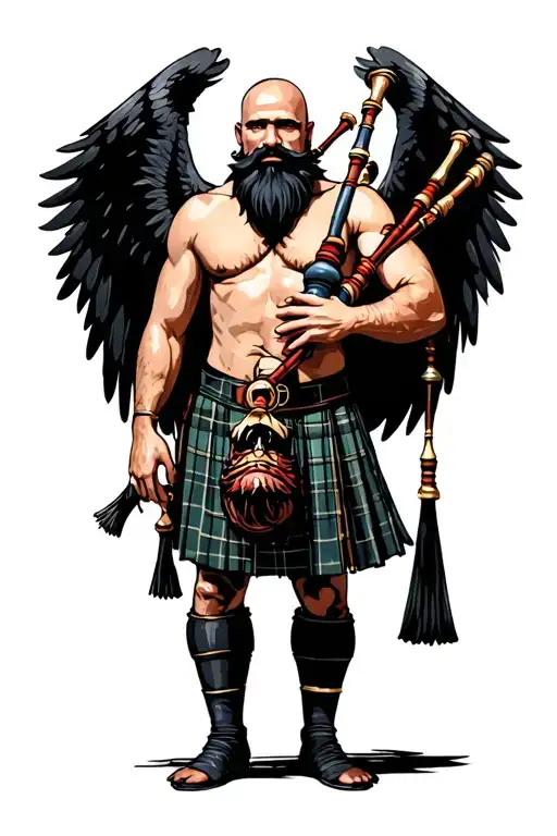shirtless muscular bagpiper bald black beard playing bagpipes huge black wings black background tattoo design idea