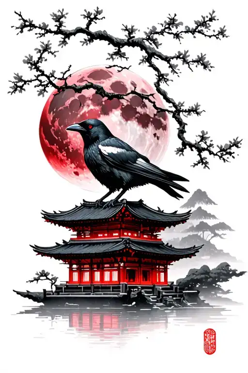 crow, red moon, Japanese structures going back tattoo design idea