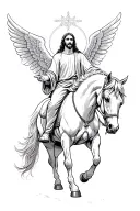 Jesus riding a horse with wings in black and grey  tattoo design idea
