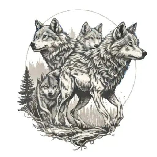 A tattoo design featuring a pack of wolves running through a forest, with subtle references to historical events and scriptures from the Bible hidden within the scenery tattoo design idea