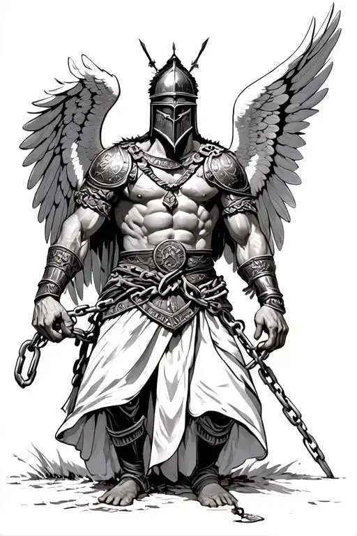 Trojan warrior with helmet on and has guardian angel wings. He is breaking from shackles holding his hands down.  tattoo design idea