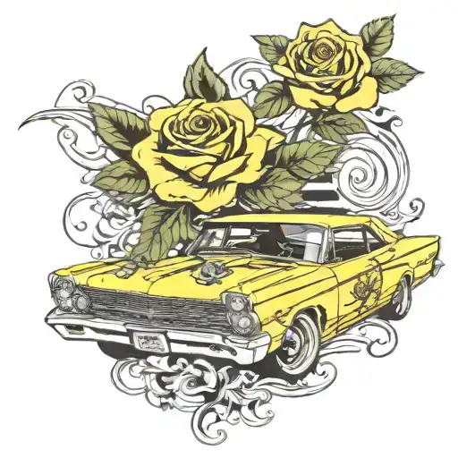 yellow 1967 Ford Fairlane with a fly and a rose intertwined tattoo design idea
