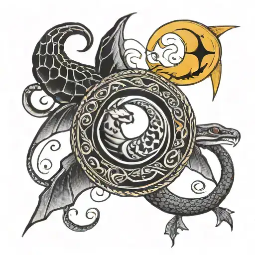 Crescent moon with coiled snake and moon with bat wings tattoo design idea