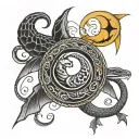 Crescent moon with coiled snake and moon with bat wings tattoo design idea