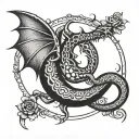 Crescent moon with coiled snake and moon with bat wings tattoo design idea