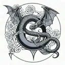 Crescent moon with coiled snake and moon with bat wings tattoo design idea
