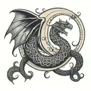 Crescent moon with coiled snake and moon with bat wings tattoo design idea