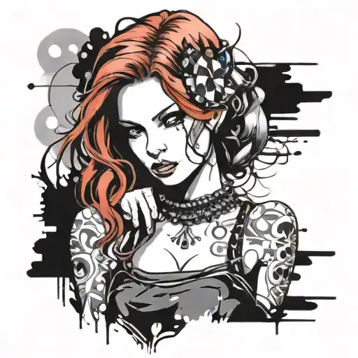red hair girl trash polka style tattoo design idea