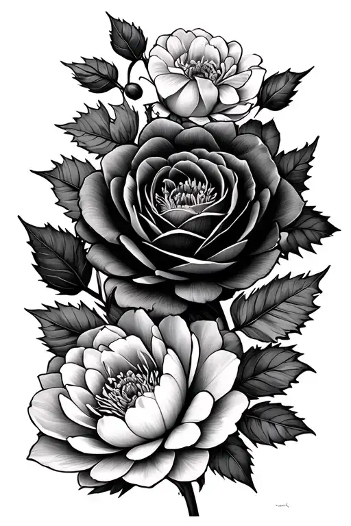 Carnation, Rose, Water lily, marigold, holly berry flowers tattoo design idea