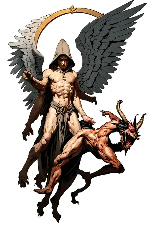 hooded arch angel defeating a demon tattoo design idea