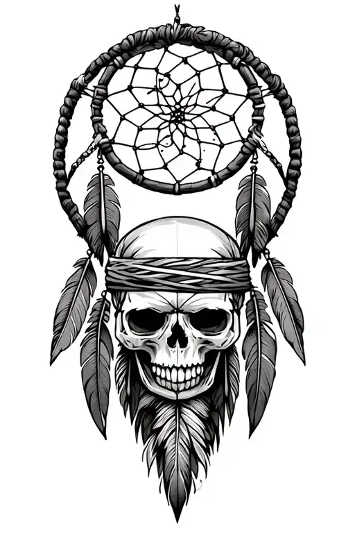 Native American skull dream catcher entangled big head band feathers tattoo design idea
