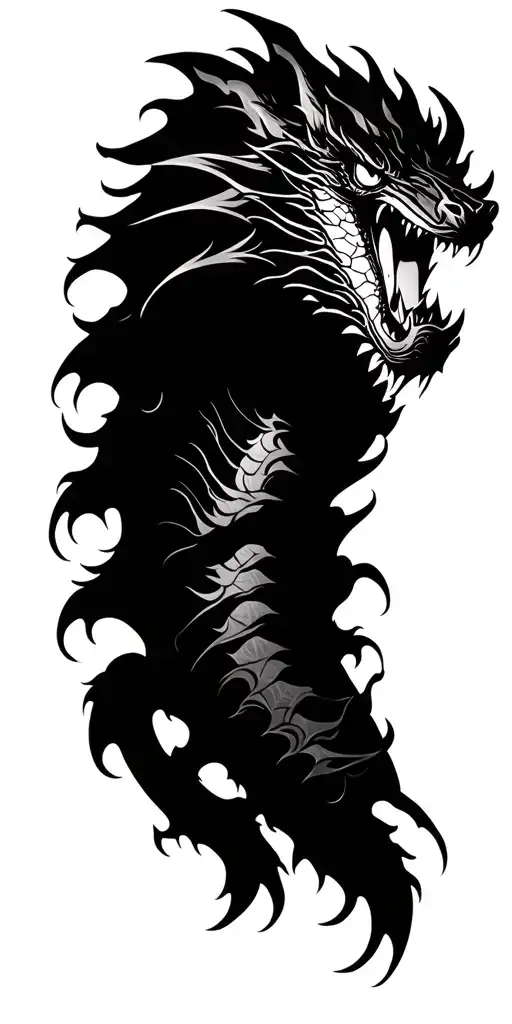 bold fierce dragon head tattoo wrapped around arm sleeve surounded by black ink tattoo design idea