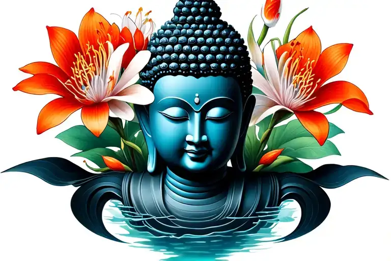 Japanese Buddha face with spider lily around it with japanese aspects like koi fish samurai around it tattoo design idea