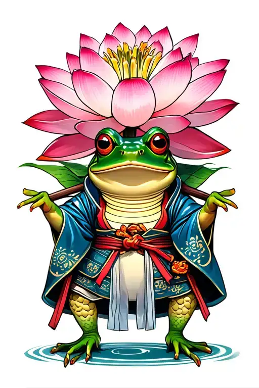 frog dressed in samurai clothing  and a large pink lotus flower bouquet tattoo design idea