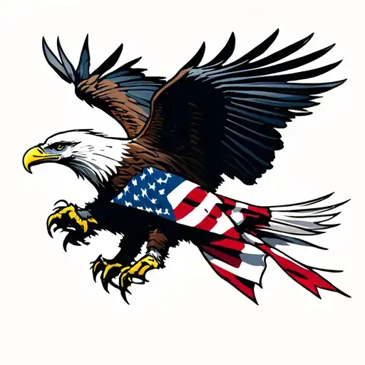 Flying Bald Eagle wearing an American Flag bandana. Black case in it's talons. tattoo design idea