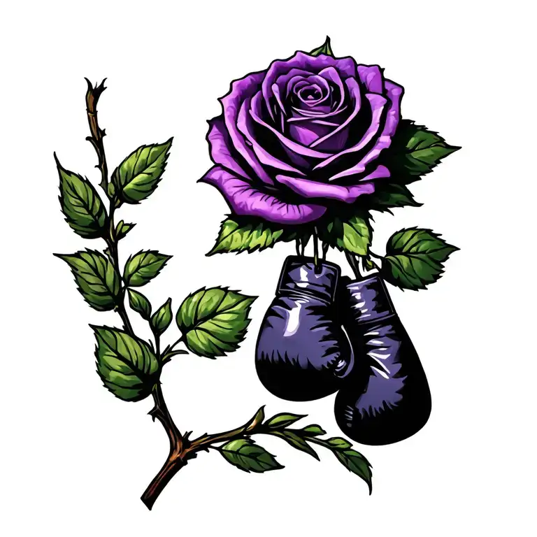 Purple rose with long stem and a pair of boxing gloves hanging from a thorn. tattoo design idea
