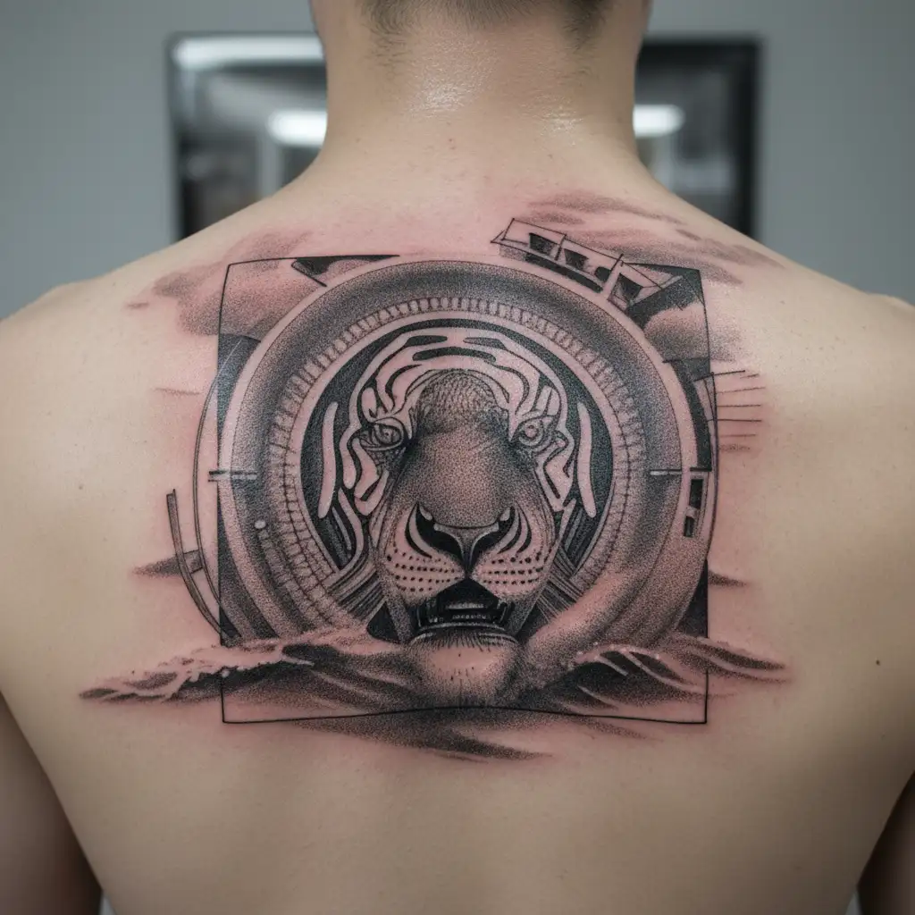 Design the boat of life of pi called "Tsimtsum" going through a stormy ocean tattoo design idea