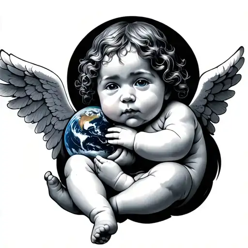 baby angel holding earth tattoo design idea